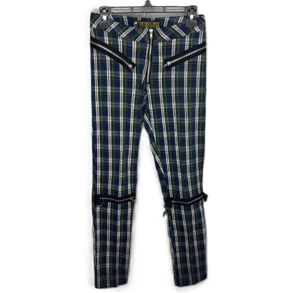 Vintage 90s Dogpile DP Gerl Bondage Pants Size S Blue Green Plaid Punk